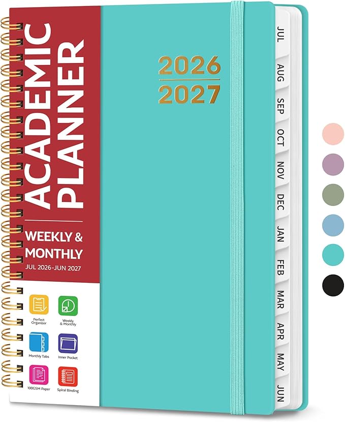 Taja Planner 2026-2027, Jul 2026-Jun 2027 Monthly & Weekly Calendar Book | 6.3" x 8.5", Hardcover Academic Calendar with Tabs, Teacher Student Agenda Book for School Office Supplies - Aquamarine