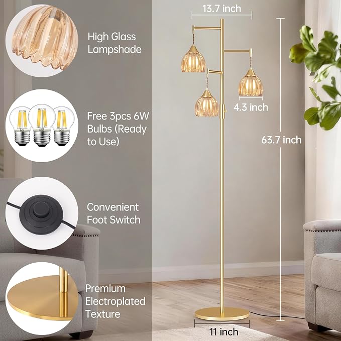 Shenmoyl Stepless Dimming Floor Lamps for Living Room, Bedroom, Gold Standing Lamp with 3pcs 6W Bulbs, Vintage Brass Floor Lamp for Corner, Nursery (Amber Tulip)