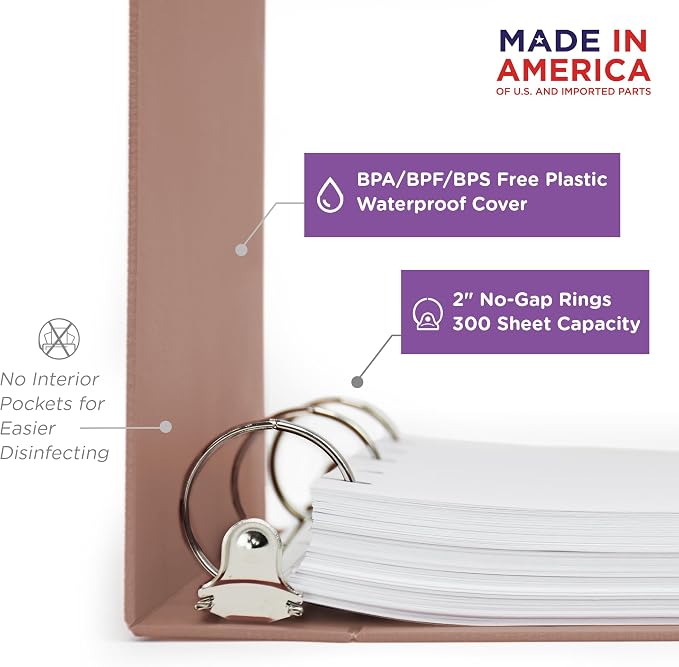 Carstens 2-Inch Heavy Duty 3-Ring Binder - Side Opening, Dusty Rose, Durable Plastic, No-Gap Rings, Waterproof Cover, No Pockets, Holds 300 US Letter Sheets, BPA-Free, Made in USA (2825-3R) Case of 16