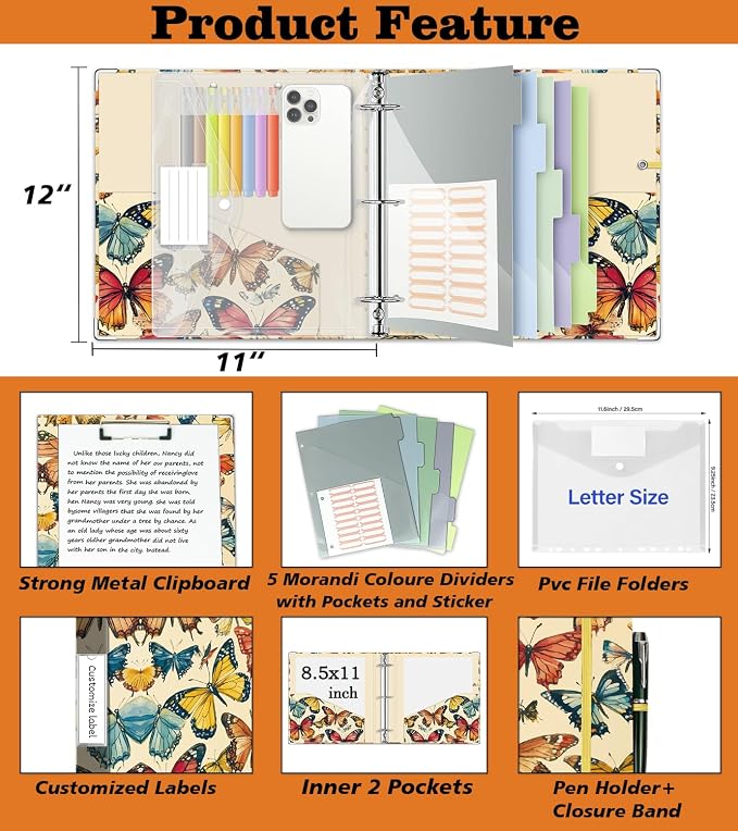 3 Ring Binder 2 Inch for 8.5"x11" Paper, Three Ring Binders with Clipboard, 5 Dividers with Tabs and Pockets, Decorative Binder with Pen Holder,Butterfly