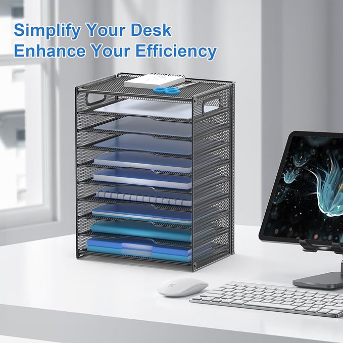OUTWOLF 10 Tier Paper Organizer - Letter Tray Mesh Desk File Organizer with Handles for Office School Desktop, Black