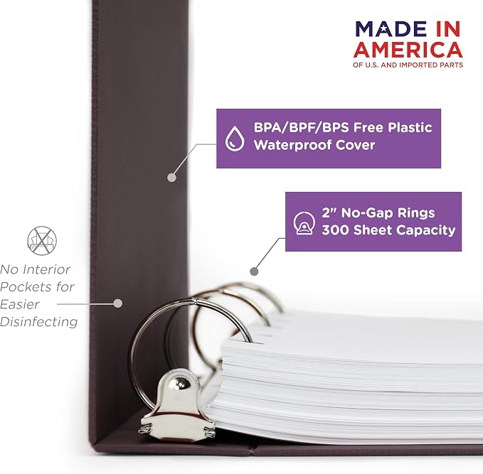 Carstens 2-Inch Heavy Duty 3-Ring Binder - Side Opening, Plum, Durable Plastic, Precision No-Gap Rings, Waterproof Covers, No Pockets, Holds 300 Letter-Sized Sheets, BPA-Free, Made in USA (5823-3R)