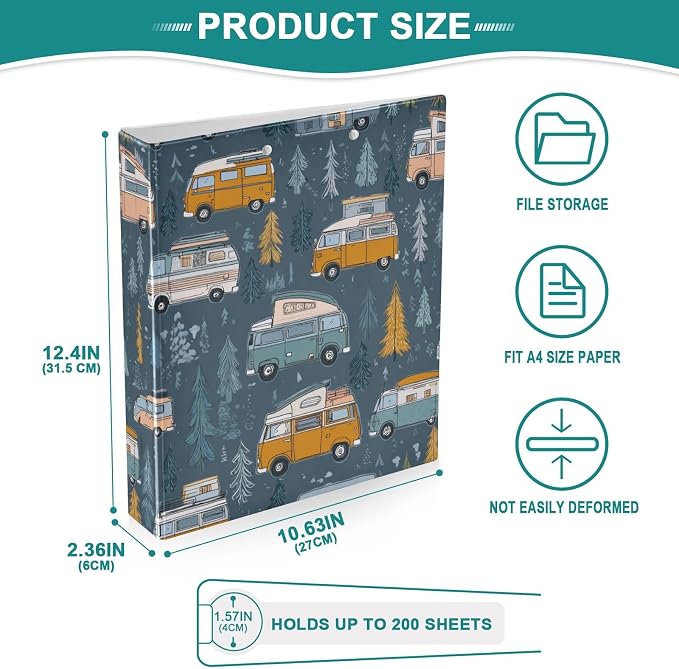 Road Trip Camper Van Decorative 3 Ring Binder 1.5 Inch Large View Binders with Pockets Holds 200 Sheets File Organizer for Office College School, 1 Pack
