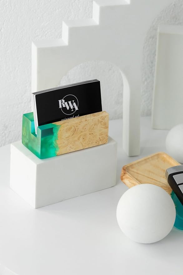 RWA Business Card Holder for Men & Women - Handcrafted Epoxy & Wood, Stylish & Durable Business Card Organizer, Premium Business Card Holders Desk Accessory for Professionals - ELEMENT aqua/maple