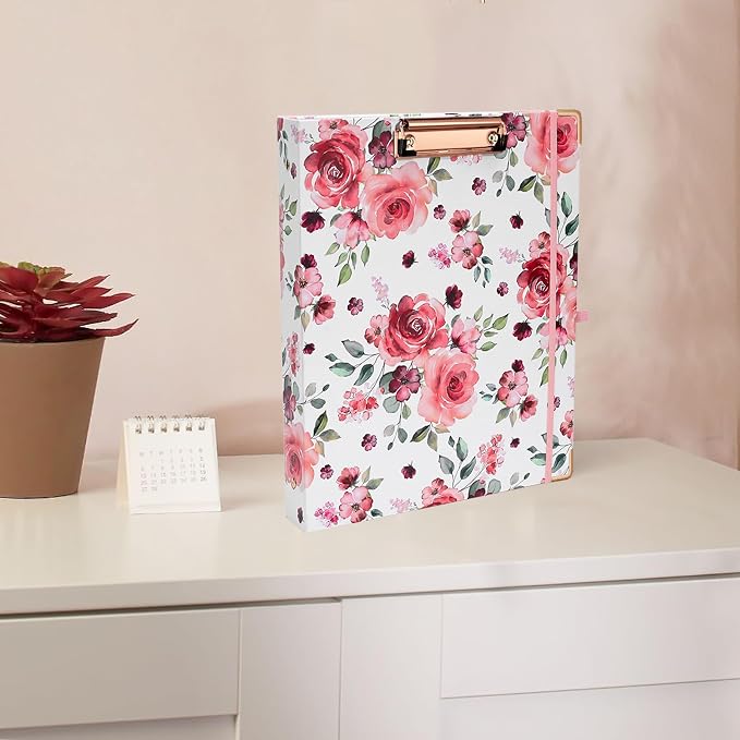 EYROZILL 3 Ring Binder 1 Inch for Letter-Size 8.5" x 11" Paper with 5-Tab Dividers, Cute Three Ring Binder Folders with Profile Clipboard for Women School Office Supplies, Rose
