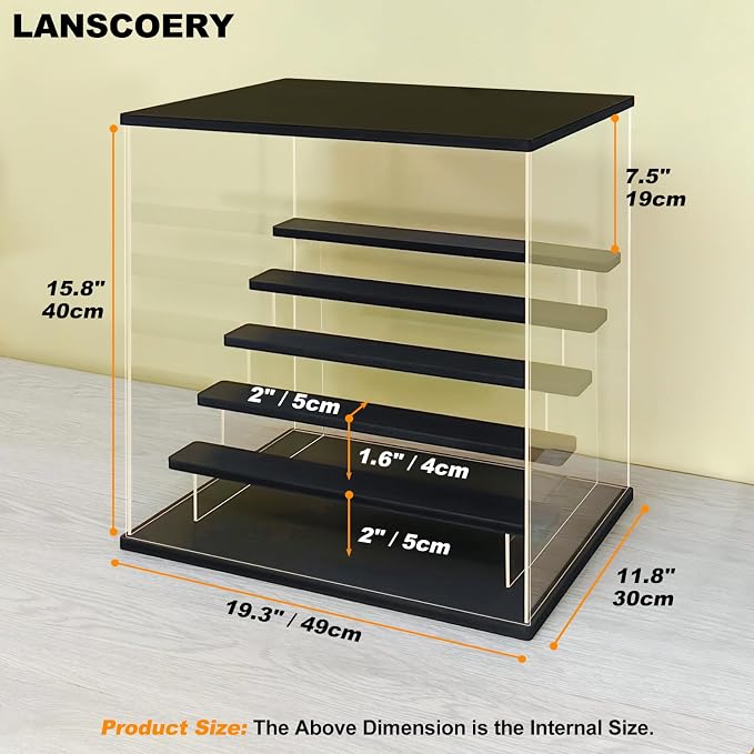 LANSCOERY Acrylic Display Case with RGBW Lights, 6 Tier Large Black | 19.3 x 11.8 x 15.8 in case displays small figures on desks or shelves with tiered rows and front access.