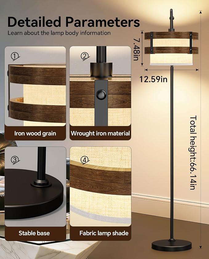 67" Industrial Floor Lamp with Wood & Black Metal Shade, Modern Standing Lamp, Rustic Farmhouse Tall Lamp for Living Room Bedroom Office, 2700K Bulb & Foot Switch Included (Black+ Wood -FL-2529)