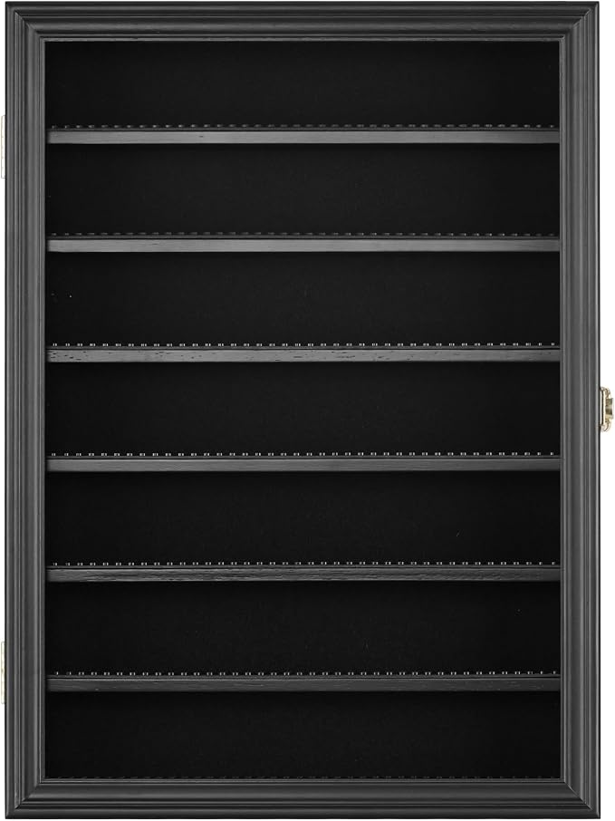 Minifigure Display Case - Building Block Toy Wall Cabinet Showcase for Small Miniature Collectibles Mini Brands Thimbles, 2.25" Shelf Height Lockable UV Protection Door (Black Finish Frame)