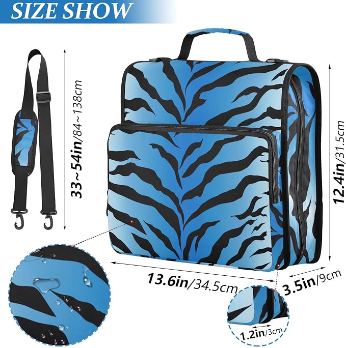 Tiger Zebra Print Blue Black 3 Ring Binder Bag 1.5 inch Binder Organizer with Zipper Shoulder Strap 500 Sheet Documents Storage for School Office