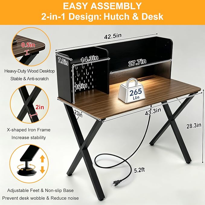 Lightdot 44" ×24" Black Home Office Computer Desk with Charging Ports, Study Gaming Desk with Hutch Pegboard & Motion Sensor Light, Student Writing Desk with Storage for Home Office Bedroom