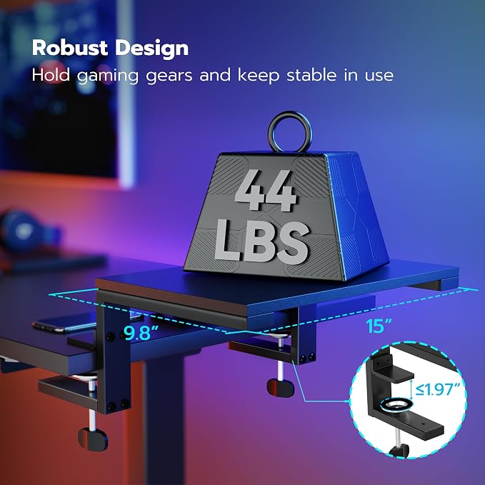 ARES WING Clamp-On Desk Extender Monitor Shelf, 15x9.8 up to 44lbs | Desktop Riser for Office/Gaming，Space Booster，Freestanding or Clamp Mount，No Drill Desktop Organizer，Black