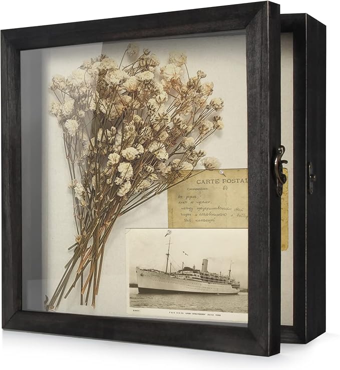TJ.MOREE Shadow Box 12 x 12 Display Case Wood Picture Frame Memory Black | Fits 10.6x10.6 Inserts with Linen Back & Glass, Rustic Keepsake Box for Pet Memorabilia Gifts Wedding Bouquet Military Medals