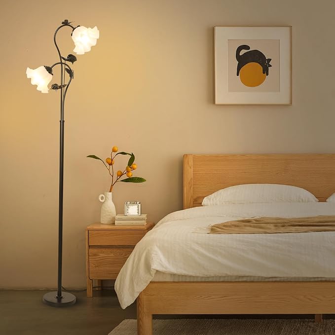 HMVPL Black Floor Lamp for Living Room, Flower Standing Lamp with 2 LED 5W Blubs, Foot Switch, Floral Tall Lamp with Acrylic Shade, Antique Lotus Flower Floor Lamp for Living Room Office Reading
