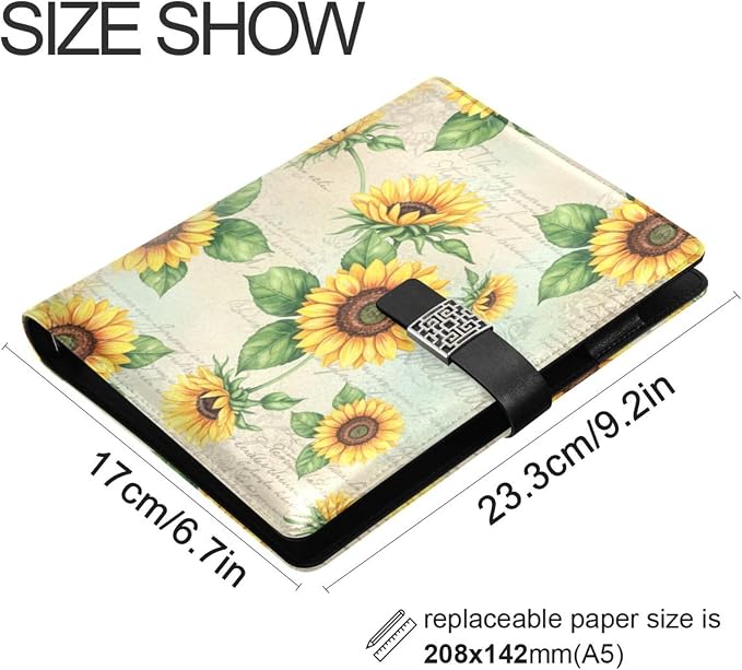 Sunflower Pattern PU Leather Notebook A5 Binder 6 Ring Refillable Journal with Magnetic Buckle Closure Loose Leaf Travel Office Planner Budget Binder Notepad Portfolio,