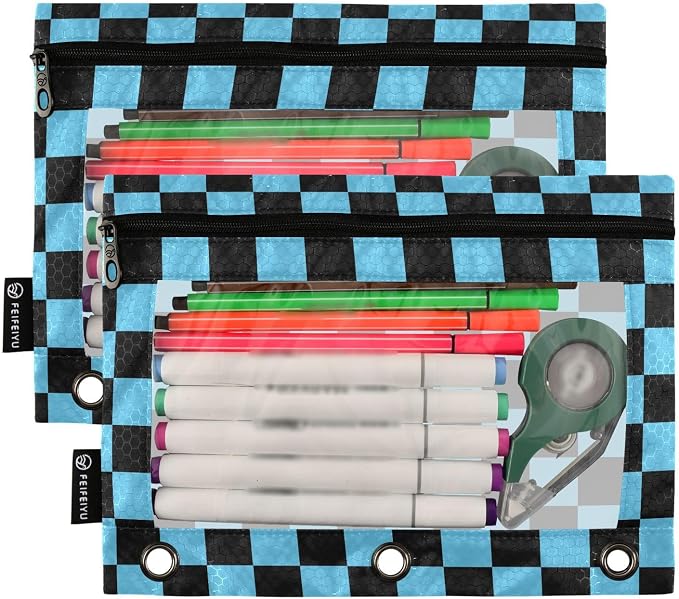 Black Blue Checkered Pattern Pencil Pouch for 3 Ring Binder, 2 Pack Waterproof Pencil Bags Clear Window Pencil Case Zipper School Office Supplies