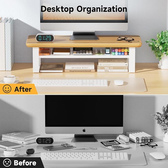 Monitor Stand Riser, 24 Inch Computer Monitor Stand for Desk, 2-Tier Wood Desk Shelf Organizer with Storage, Desktop Stand for Laptop/Screen/PC/Printer, Ergonomic Home Office Monitor Stand