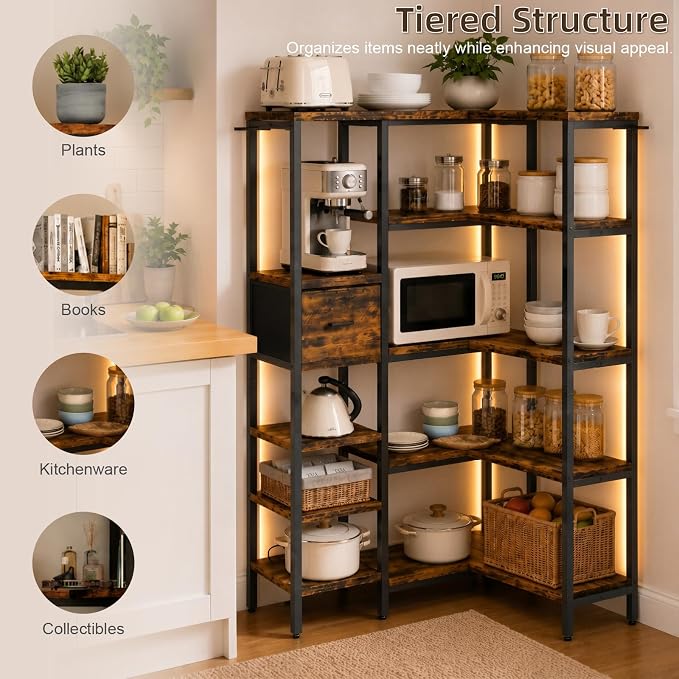 L-Shaped Corner Bookshelf with LED Light Strips & Fabric Drawer, 5-Tier Industrial Convertible Book Shelf Freestanding Display Shelf for Living Room, Home Office, Bedroom (Rustic)