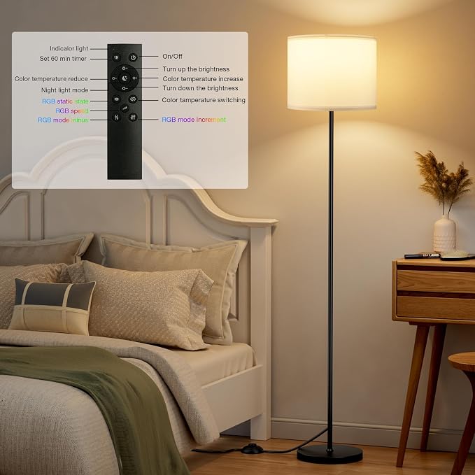 Floor Lamp for Living Room with Smart Light Bulb, RGB + Stepless Dimmable Colors Temperature & Brightness(White Shade & Black Pole)