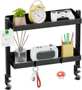17 inch Adjustable 2-Tier Clamp On Desk Shelf with Hooks | Heavy Duty, Holds 44 lbs, No Drill, for Home Office, Gaming & Desk Organizer