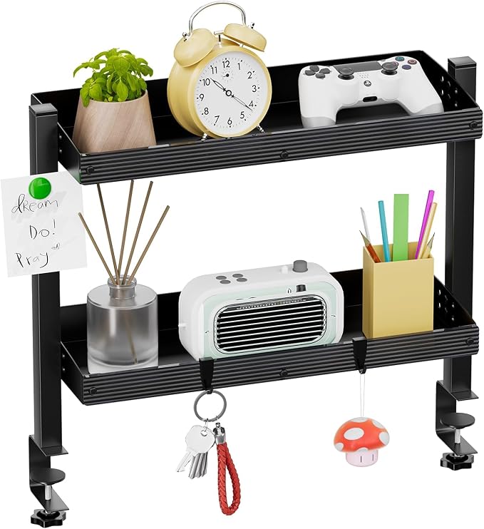 17 inch Adjustable 2-Tier Clamp On Desk Shelf with Hooks | Heavy Duty, Holds 44 lbs, No Drill, for Home Office, Gaming & Desk Organizer