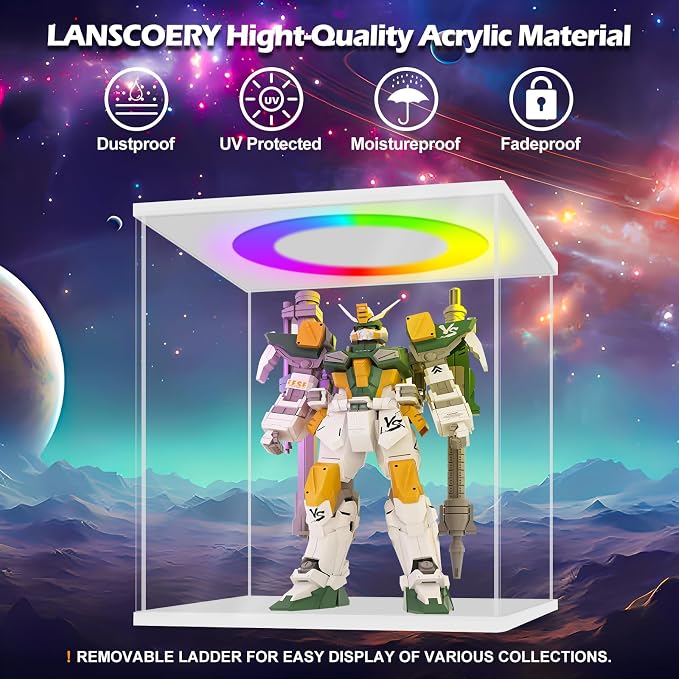 LANSCOERY Acrylic Display Case with RGBW Lights, 5 Tier White | 11.8 x 11 x 11.8 in case displays small figures on desks or shelves with tiered rows and front access.