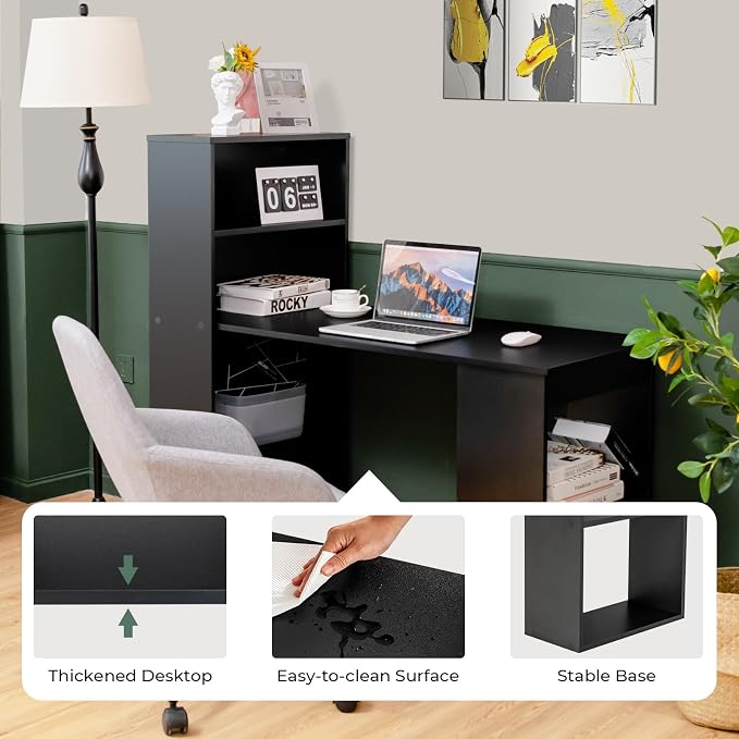 GRAFFY Computer Desk with 6 Storage Shelves - 48" Reversible Writing Desk Workstation with Bookshelf and CPU Stand, Modern Compact Office Desk for Bedroom, Study, Home, Office (Black) | Reversible Writing Desk with 6 Storage Shelves, Modern Compact Off...