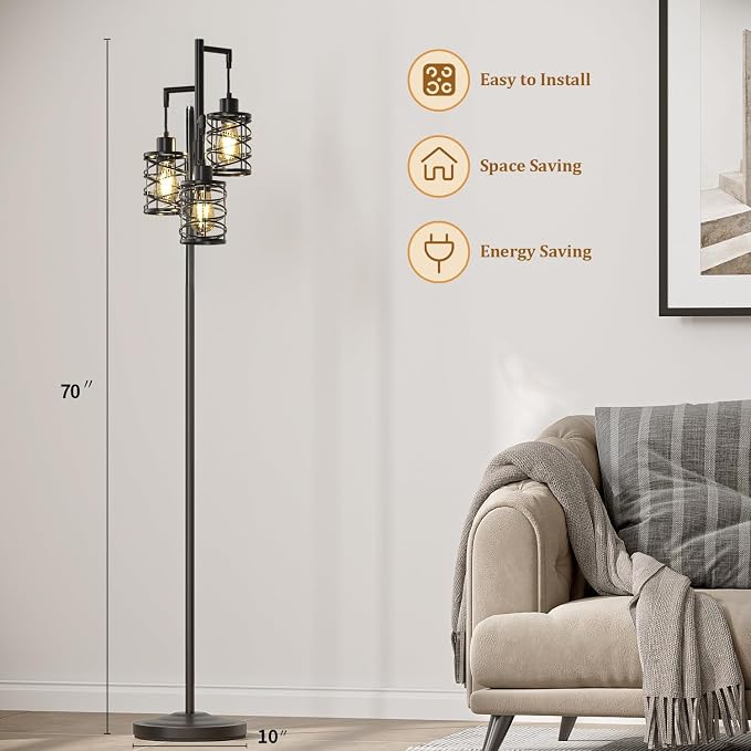 70" Industrial Floor Lamp, Stepless Dimmable Standing Lamp with 3 Bulbs, Farmhouse Corner Standing Tree Lamp for Living Room, Tall Lamps for Bedroom, Office, Study Room, Dining Room, Black