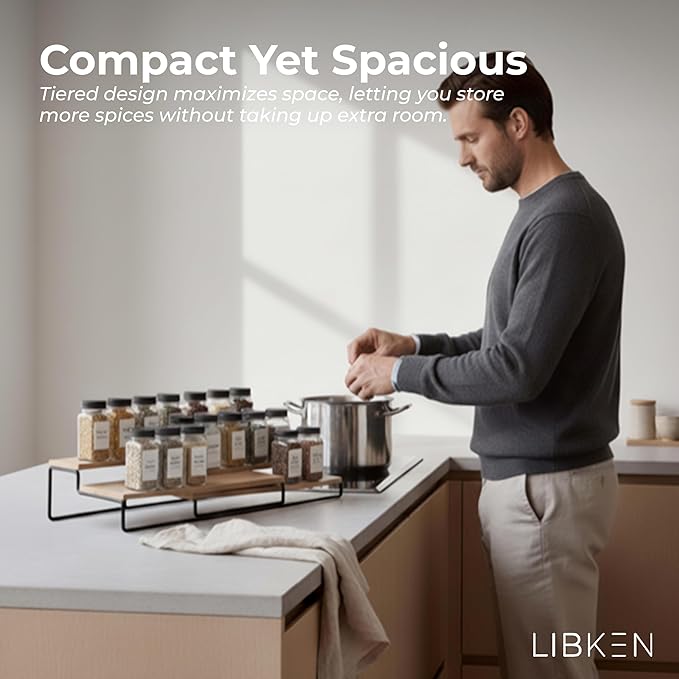 LIBKEN Tiered Spice Rack Organizer – Wood & Metal Countertop & Cabinet Spice Stand, Strong & Sturdy 3-Tier Shelf for Kitchen, Pantry, Seasoning Bottles – Minimal Scandinavian Design - Wood Brown