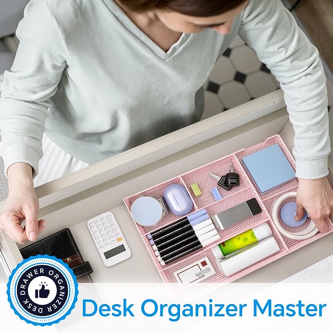 Desk Drawer Organizer, Office Drawer Divider Organizer Tray with 6 Compartments, Metal Mesh Desktop Organization and Accessories for Stationery Makeup Kitchen Toolroom School ＆Office (Large-Pink)