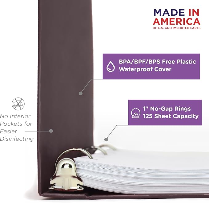 Carstens 1-Inch Heavy Duty 3-Ring Binder - Side Opening, Plum, Durable Plastic, Precision No-Gap Rings, Waterproof Cover, No Pockets, Holds 125 US Letter Sheets, BPA-Free, Made in USA (8712-3R)
