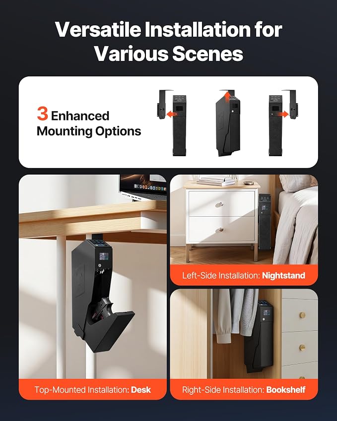 VEVOR Gun Safe, Slider Handgun Gun Safe with Screen, 3-Way Quick Access,Fingerprint/Password/Key, Firearm Case Box with LED for 1 Pistol & Magazine, Mounted Gun Box for Nightstand Bedside Desk Car