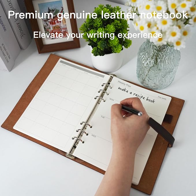 Refillable A5 Leather Binder Notebook, Reusable Leather Journal, Vintage Organizer with 6-Ring Metal Binder, Weekly & Monthly Planner Paper & Pocket, for Writers Business Work Study College and Daily