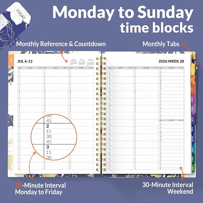 SUNEE 2026-2027 Appointment Book, Quarter-Hourly, Weekly & Monthly - from July 2026 to June 2027, 6.4"x8.3" Academic Planner, Flexible Cover, Note Pages, Bookmark, Spiral Binding, Vintage