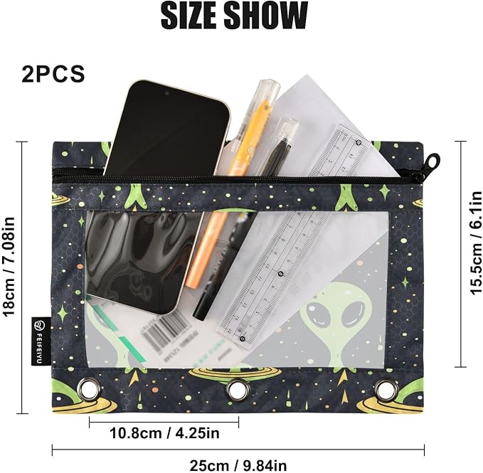 Green Aliens Space Pencil Pouch for 3 Ring Binder, 2 Pack Waterproof Pencil Bags Clear Window Pencil Case Zipper School Office Supplies