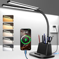 Desk Lamp with USB-C Charging Port and Organizer Base, LED Desk Light with Pen Holder, Phone Stand, 25 Lighting Modes, Flexible Gooseneck Touch Lamp for Home Office, Study Desk, College Dorm Room