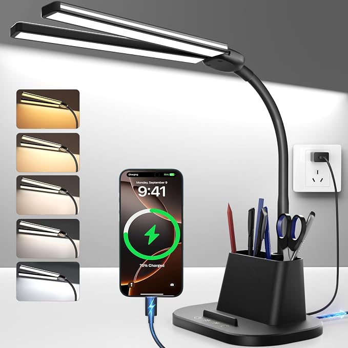 Desk Lamp with USB-C Charging Port and Organizer Base, LED Desk Light with Pen Holder, Phone Stand, 25 Lighting Modes, Flexible Gooseneck Touch Lamp for Home Office, Study Desk, College Dorm Room