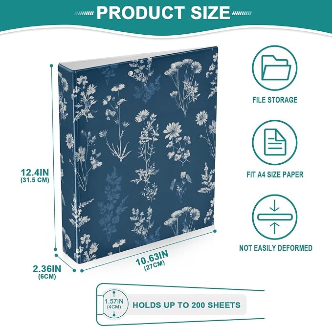 Navy Blue Retro Botanical Flower Binder 3 Ring 1.5 Inch Binder with Clipboard&Pockets, Hardcover Binders Heavy Duty Large File Folder for Office School Supplies - Holds 200 Sheets,2 PC