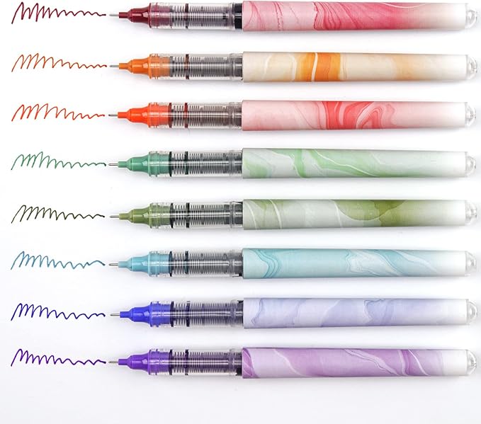 WRITECH Liquid Ink Rollerball Pens: Multi Colored 0.5mm Extra Fine Point Tip Rolling Roller Ball Pen 8ct Assorted Colors for Journaling Smooth Writing Note Taking No Bleed & Smudge & Smear