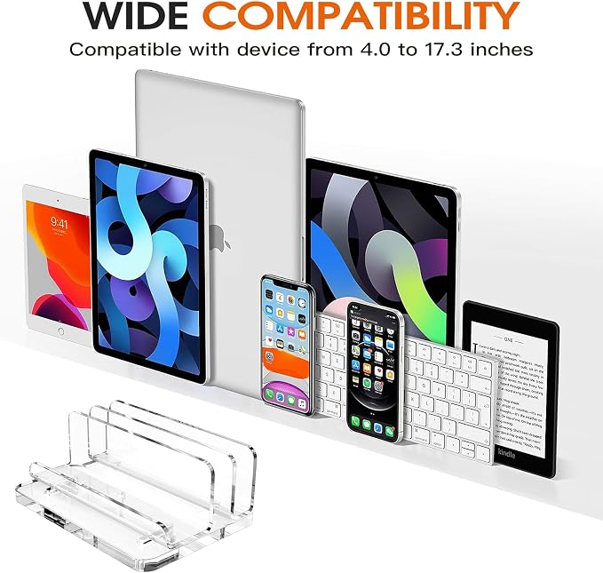 Acrylic Vertical Laptop Stand, 3-in-1 Design with Adjustable Slot Width | Clear Laptop Holder Desktop Space Saving, Supports Suitable for MacBook, IPad, IPhone, Chromebook, Surface, Samsung, Etc