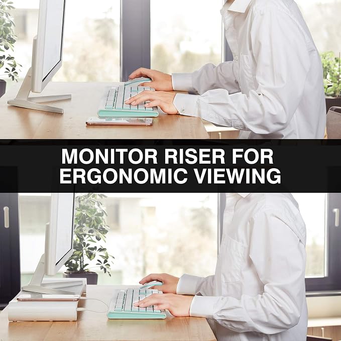 PG Silver Monitor Stand Riser with 4-Port USB Charging ports, Convenient keyboard organiser,Desktop Organizer for Computer, Laptop, TV, Printer - Ergonomic Keyboard Tray & Storage Shelf.