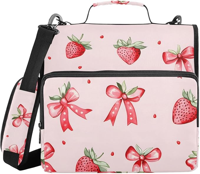 Strawberries Bows Pattern Zipper Binder 3 Ring Binder with Shoulder Strap 500 Sheet Capacity Storage Organizer File Folder