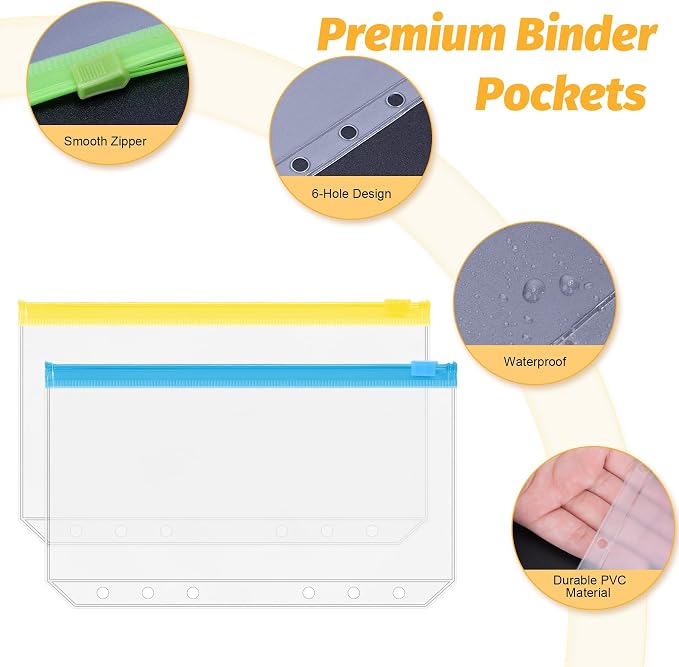 Antner 20PCS A6 Binder Pockets 6-Hole Budget Binder Inserts, 10 Assorted Color Zipper Pouch Folders Cash Stuffing Envelopes for Budgeting, Loose Leaf Filling Bags Money Organizer for A6 6-Ring Binders