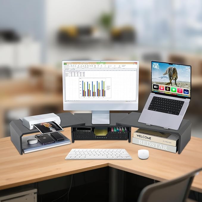 LEKETREE Dual Monitor Stand Riser with Drawer, Computer Stand for Desk, Workspace Desktop Stand, Desk Organizer for Computer, Laptop, TV and More (Black)