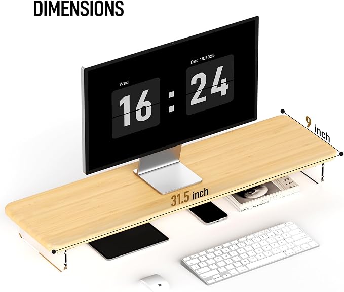AFOOYO Bamboo Monitor Stand Riser, 31.5 In Computer Riser Desk Organizer | Desk Organizer Adjustable Arylic Feet Computer Monitor Stand, Desk Shelf for Office