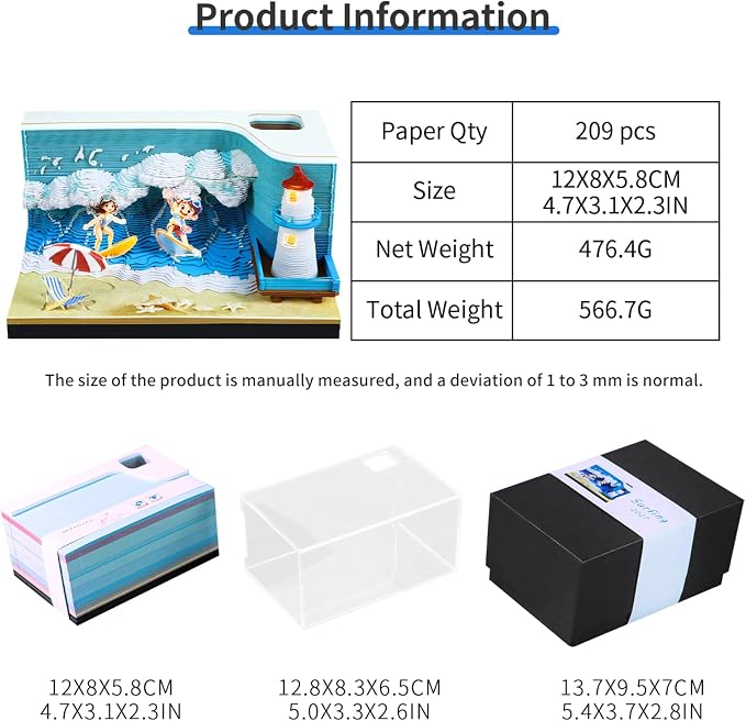 3D Time Piece Calendar, 2027 Desk Calendar With LED Light, 3d Tree Memo Pad Creative Desk Calendar, Christmas Gift for Colleague Friend, Desktop Decoration (Surf)