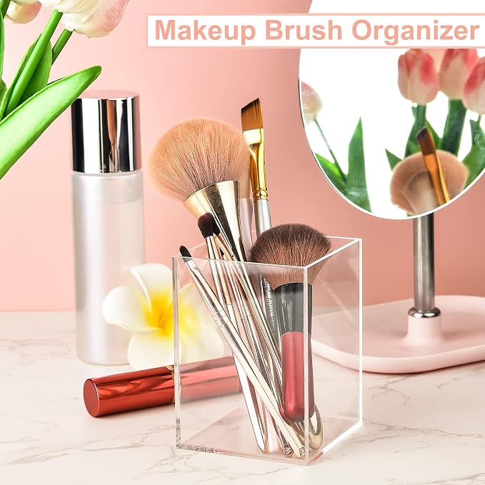 Mototo 8 Pieces Clear Acrylic Pen Holder Acrylic Pencil Cup Clear Makeup Bush Holder Acrylic Desktop Stationery Organizer for Office School Home Desk Accessories (8 Pack, Square)