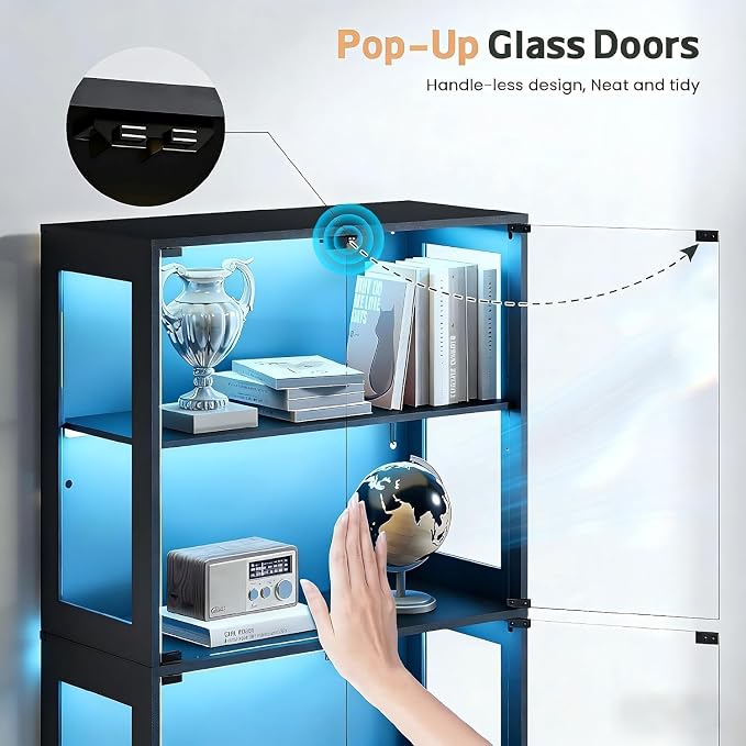 67" Display Cabinet with Glass Doors and 2 Drawers | Black | RGB LED Lights, Pop-Up Glass Doors, Adjustable Shelves, Anti-Tip Design
