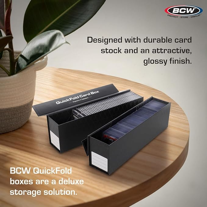 BCW QuickFold Card Boxes for Toploaders and Magnetics, Magnetic Lid, 6 Pack | Each box holds 225 toploaders or 50 magnetic holders, with quick assembly, a secure magnetic lid, and end labeling.