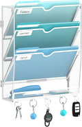 4-Tier Wall File Organizer and Mail Organizer with 5 Hooks, White | Label slots, curved openings, 5 key hooks, and a bottom tray support organized mail, file, and everyday item storage.