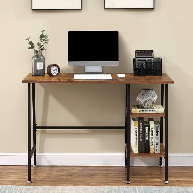 VECELO 43.1 Inch Computer Desk Home Office Walnut Study Desk Work Office Table with Shelves Wooden Desk for Bedroom 2 Set